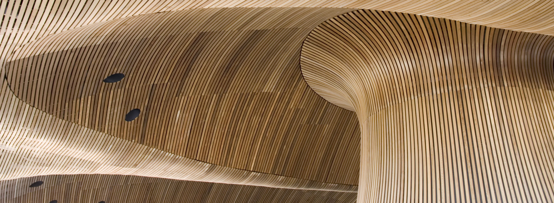 Closeup of a flowing wooden interior roof and pillar.